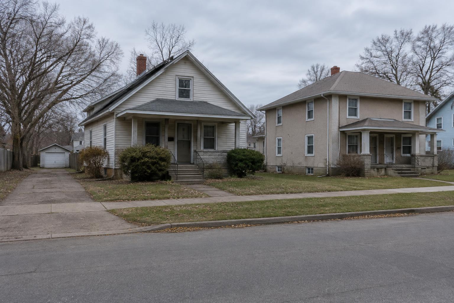 Two ordinary older houses on a quiet Midwest residential street
